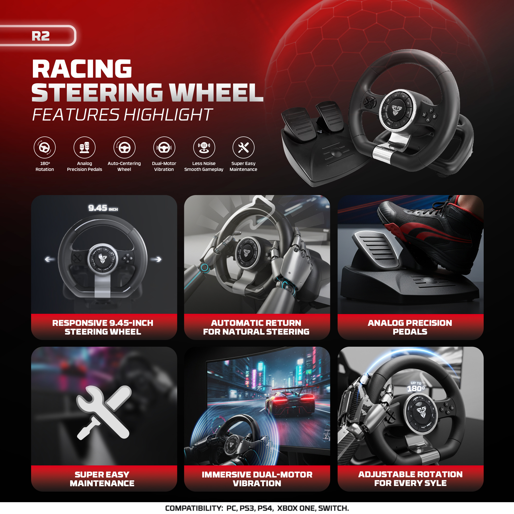 Fantech R2 Racing Steering Wheel | Dual-Motor Vibration | 180° Rotation | 18 Buttons + D-Pad | 2 Pedals (Brake & Throttle) | Compatible with PC, PS3, PS4, Xbox One & Nintendo Switch - Image 5