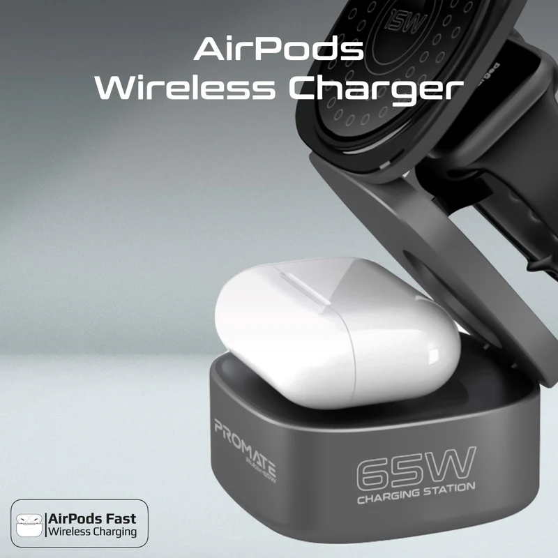 Promate RUBIX-65W-EU | 5-in-1 GaNFast 65W Charging Station | MagSafe & 15W Wireless Pad | AirPods & Apple Watch Fast Charging | QC 3.0 USB-A Port | 45W USB-C PD Port | Foldable Design - Image 3