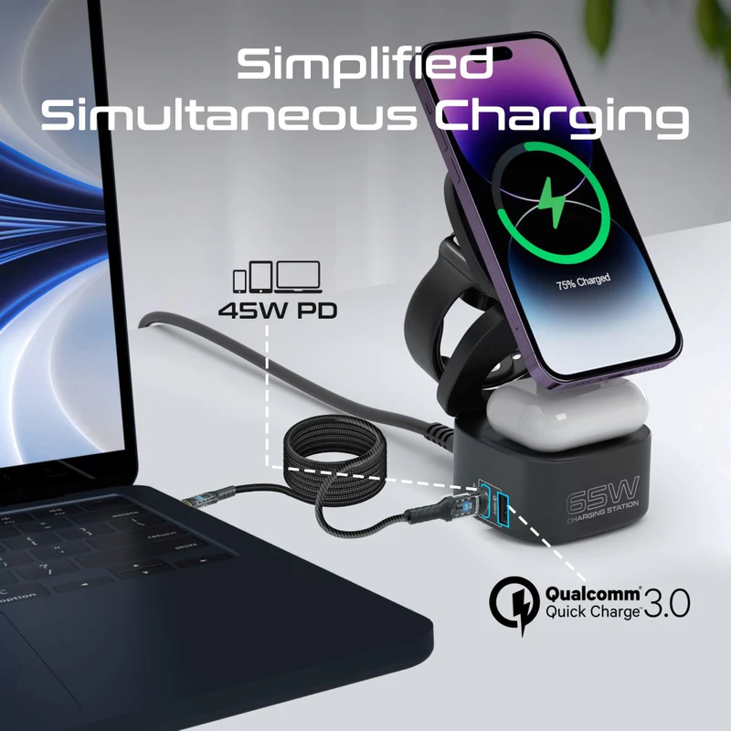 Promate RUBIX-65W-EU | 5-in-1 GaNFast 65W Charging Station | MagSafe & 15W Wireless Pad | AirPods & Apple Watch Fast Charging | QC 3.0 USB-A Port | 45W USB-C PD Port | Foldable Design - Image 2