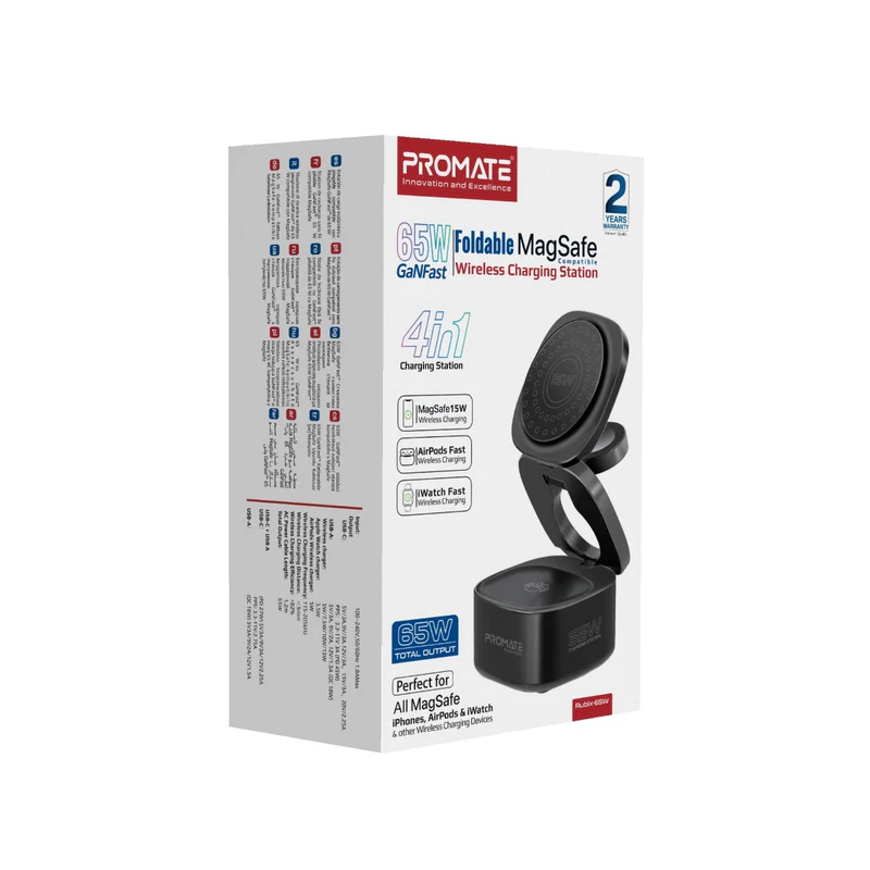 Promate RUBIX-65W-EU | 5-in-1 GaNFast 65W Charging Station | MagSafe & 15W Wireless Pad | AirPods & Apple Watch Fast Charging | QC 3.0 USB-A Port | 45W USB-C PD Port | Foldable Design - Image 6