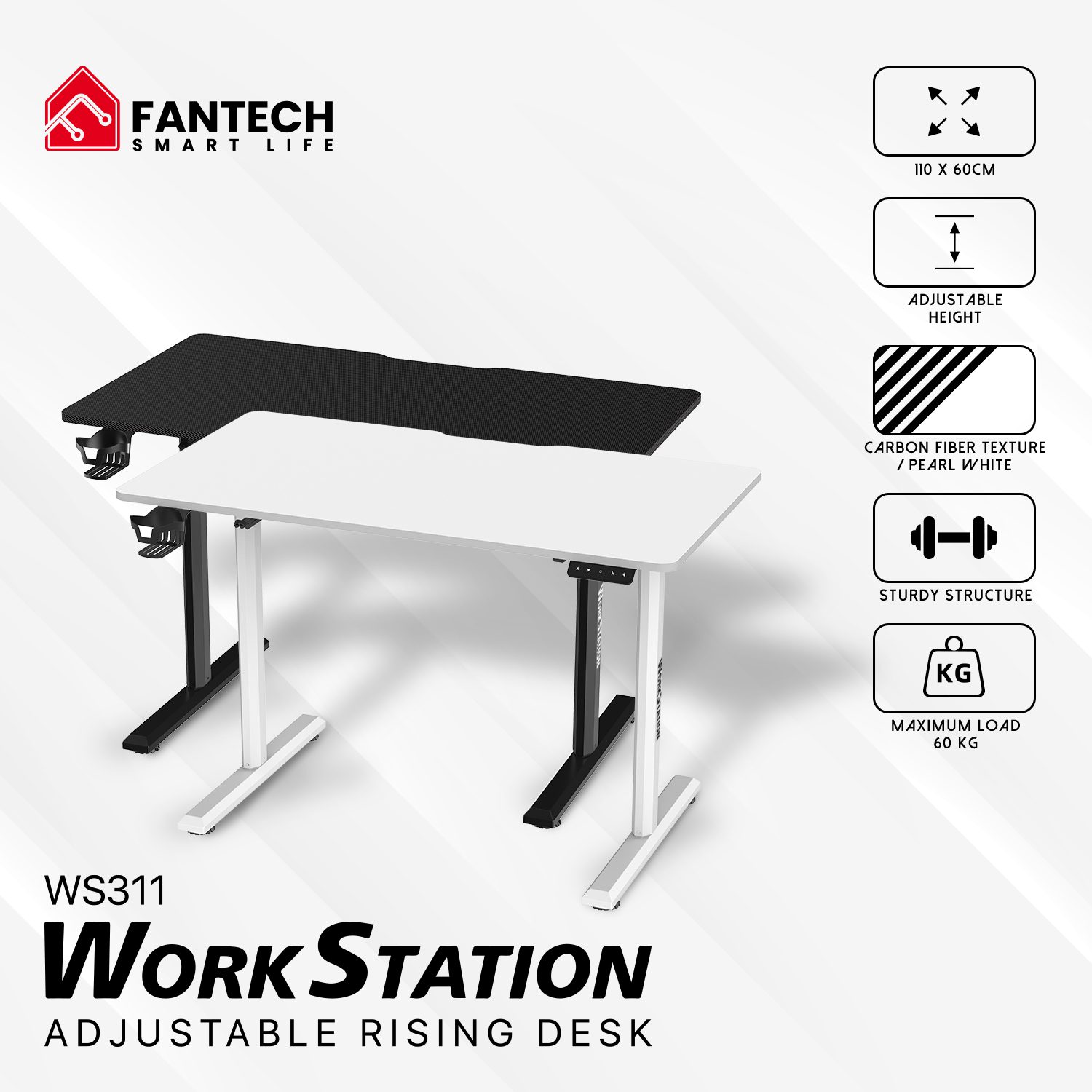 FANTECH WS311 Electric Adjustable Standing Desk | 110×60cm Carbon Fiber / Pearl White Surface | Height Adjustable 72–117cm | 2 Memory Buttons | Single-Piece Board | 60kg Load Capacity | Sturdy Workstation Design - Image 2
