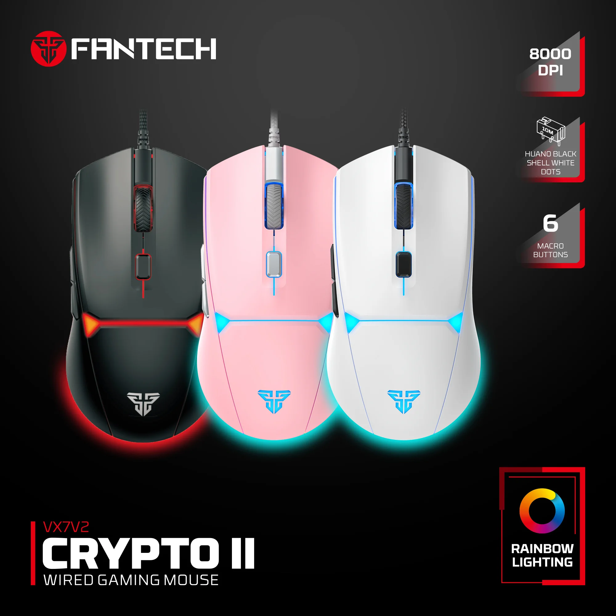 Fantech VX7V2 Crypto II | Wired Gaming Mouse | Optical Sensor | 200-8000 DPI | 60 IPS | 15G Acceleration | 125Hz Polling | Huano 10M-Click Switches | 6 Programmable Buttons | 4-Color LED Illumination | Ergonomic Design - Image 2