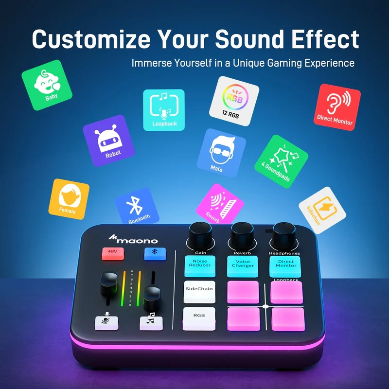 MAONOCASTER G1 NEO Audio Mixer & Interface | Built-in 48V Phantom Power | Bluetooth & 3.5mm AUX Inputs | Reverb, Voice Changer & Noise Reduction | 4 Programmable Sound Pads | Direct Monitoring & Loopback | Two-Level Noise Cancelling - Image 5