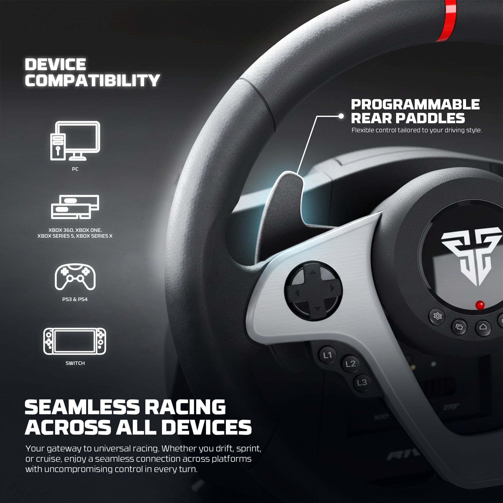 Fantech R1V2 Racing Steering Wheel | Dual-Motor Vibration | 270° / 900° Rotation | 15 Buttons + D-Pad | 6 Gears + Reverse | 3 Pedals (Clutch, Brake & Throttle) | PC Driving Wheel Set with Clutch and Shifter - Image 2