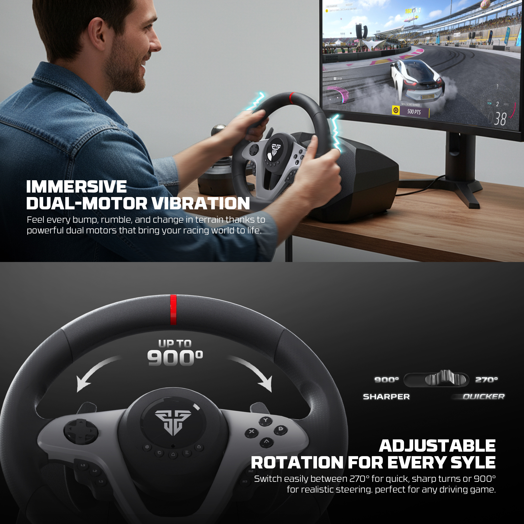 Fantech R1V2 Racing Steering Wheel | Dual-Motor Vibration | 270° / 900° Rotation | 15 Buttons + D-Pad | 6 Gears + Reverse | 3 Pedals (Clutch, Brake & Throttle) | PC Driving Wheel Set with Clutch and Shifter - Image 5