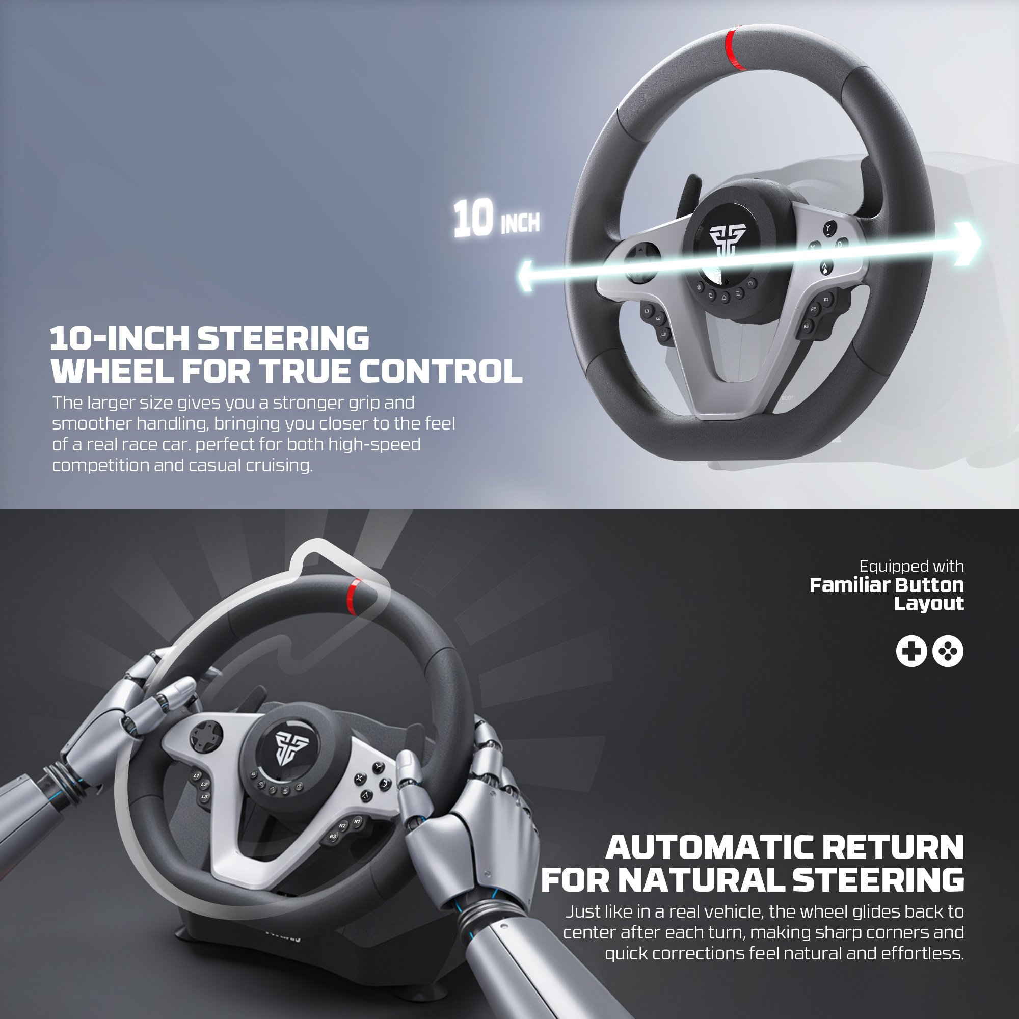 Fantech R1V2 Racing Steering Wheel | Dual-Motor Vibration | 270° / 900° Rotation | 15 Buttons + D-Pad | 6 Gears + Reverse | 3 Pedals (Clutch, Brake & Throttle) | PC Driving Wheel Set with Clutch and Shifter - Image 3