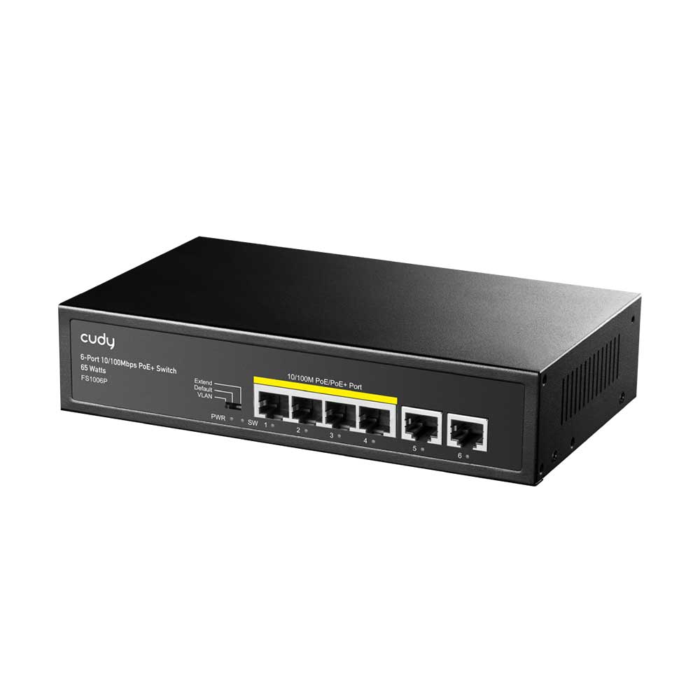 Cudy FS1006P 6-Port PoE Switch | 4 PoE Ports (60W, 802.3at/af) | CCTV Mode (250m at 10Mbps) | PD Detection | Fanless Steel Case | Desktop & Wall-Mount | 10/100M Speed - Image 2