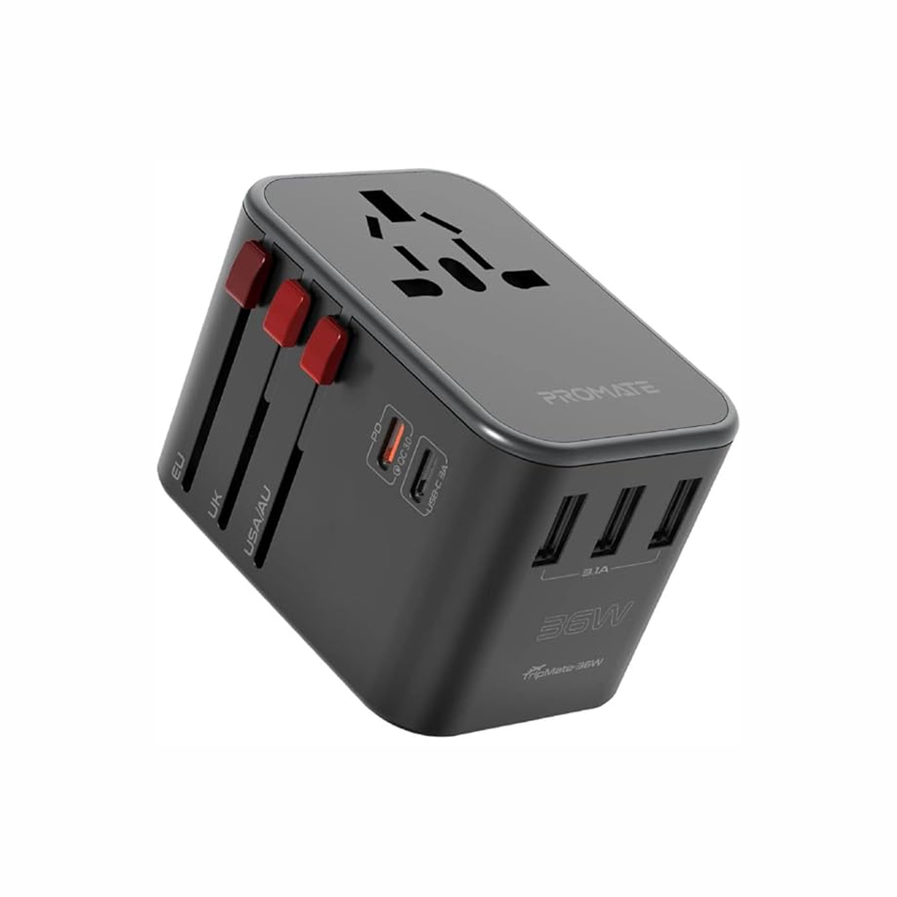 Promate Tripmate-Gan65 | 65W GaN 3-Port Travel Charger | 1x AC Outlet & 2x USB-C PD (65W Each) & 1x USB-A (30W) |  100-240V AC Input | Wide Compatibility | In-Built Safety Shutters and Quick Lock System - Image 2