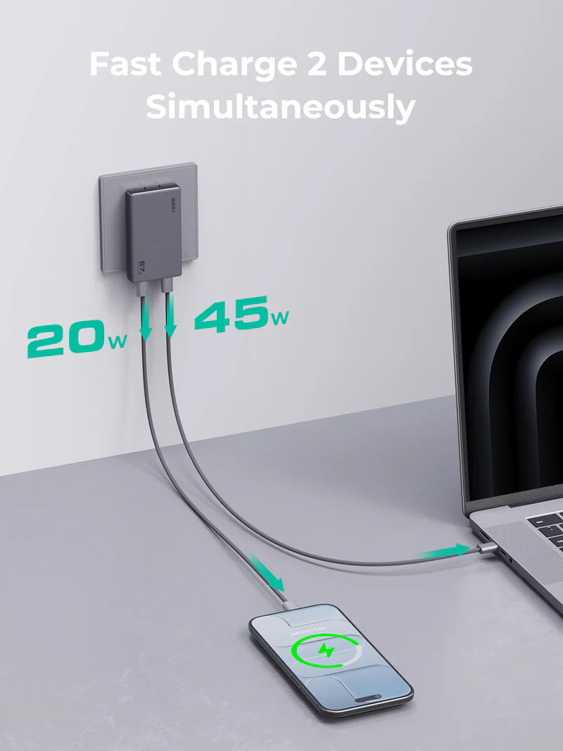 AUKEY PA-C467W Comet Slim 67W GaN Wall Charger | Dual USB-C Ports | Fast PD Charging | Ultra-Slim & Portable Design | Advanced GaN Chip Technology | Charge Two Devices Simultaneously - Image 2
