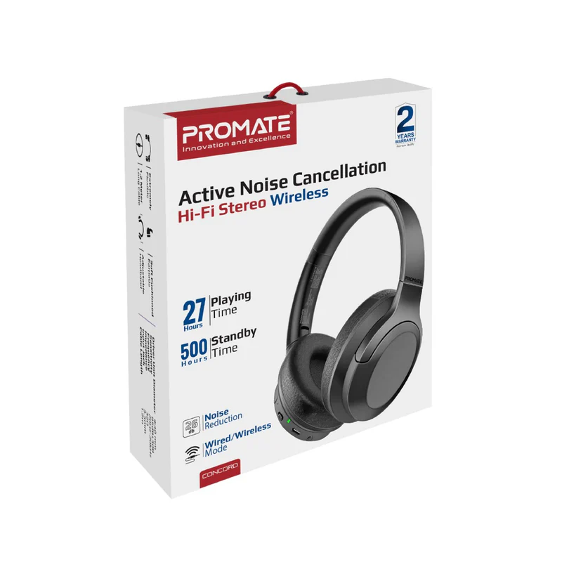 Promate Concord ANC | Wireless Over-Ear Headphones | Bluetooth 5.3 | Active Noise Cancellation (-26dB) | 40mm Drivers | 18hrs (ANC On) / 27hrs (ANC Off) PlayTime | 20Hz-20KHz Frequency - Image 6